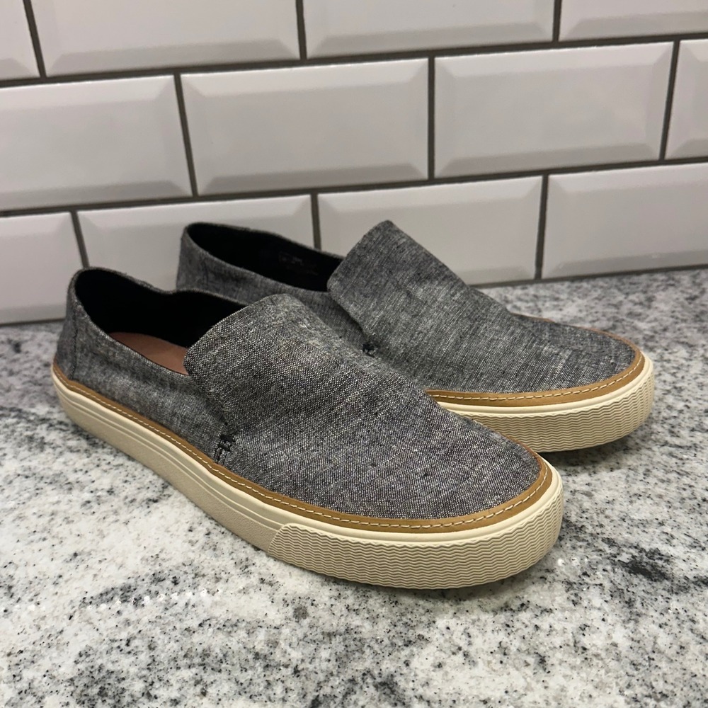 TOMS Womens 12 Slip On Shoes Grey Chambray Canvas Flat Loafer Casual Minimalist
